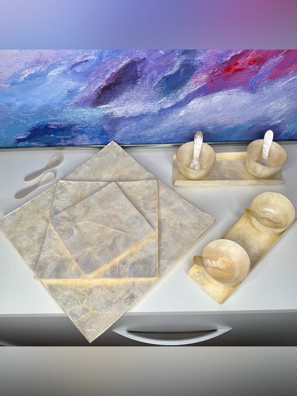Capiz Shell Serving Set of 11 Plates Spoons Bowls Sushi Vintage Mother of Pearl